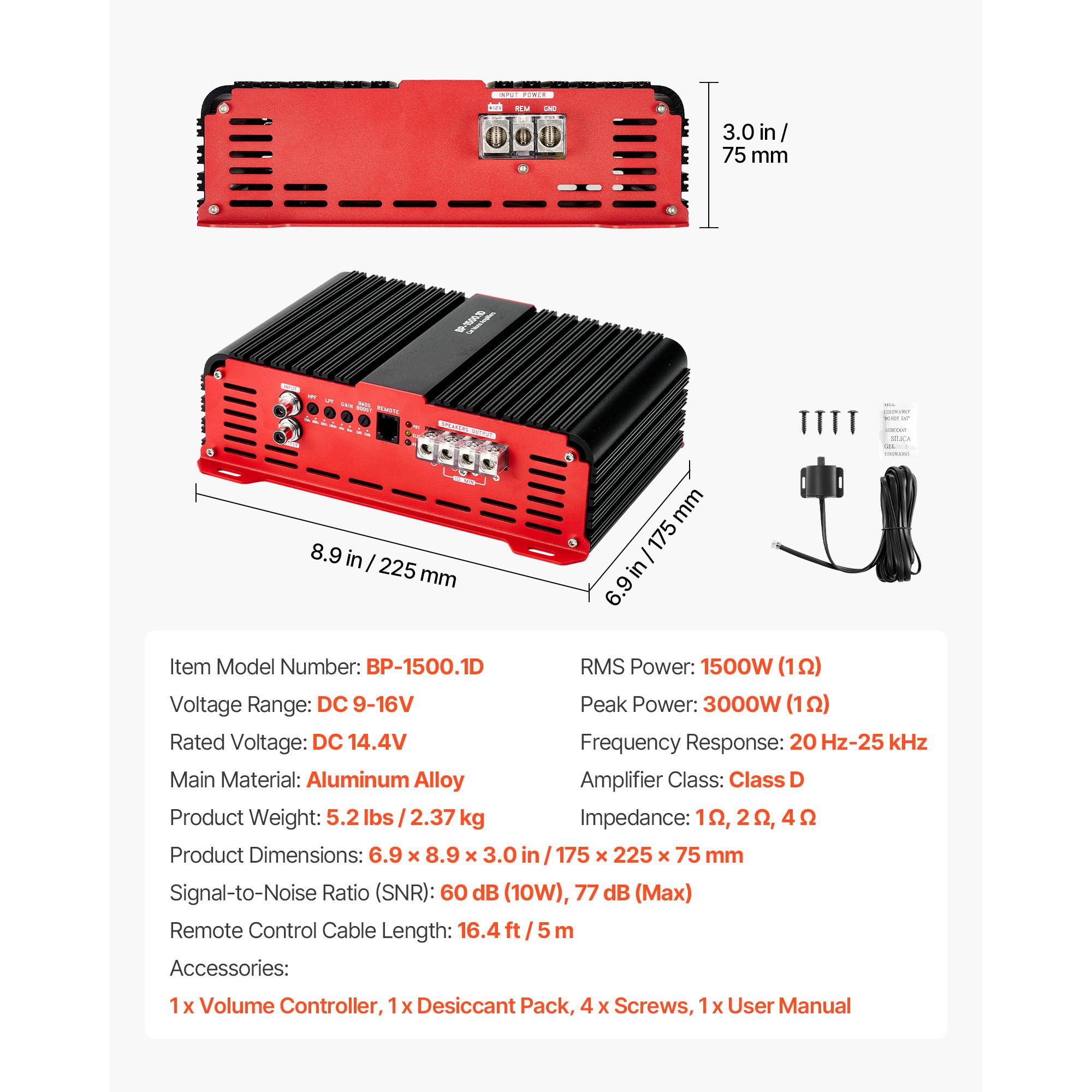 Car Amplifier Class D 1 Ohm Stable - แอมป์รถยนต์แบบโมโนบล็อก กำลังขับสูงสุด 1500 วัตต์ RMS ทำงานได้เสถียรที่